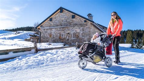 Famiglia con passeggino da sci di fondo sulla neve