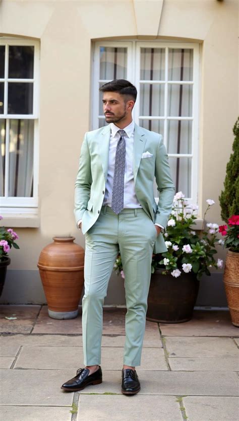 Bambino che indossa un completo elegante in lino color verde salvia in un giardino soleggiato