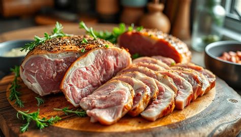 illustrazione classica di un taglio di maiale su tagliere di legno con erbe aromatiche