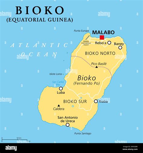 Mappa dell'isola di Bioko che evidenzia la sua geologia vulcanica e le caratteristiche costiere