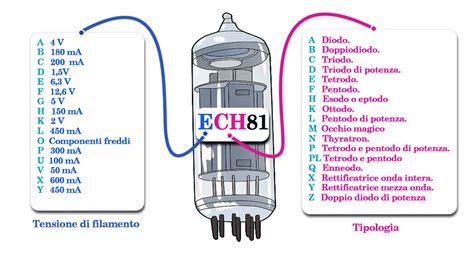 schema storico di una valvola termoionica d'epoca con i codici identificativi evidenziati