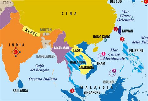 Mappa del Sud-Est Asiatico con evidenziati i paesi citati: Thailandia, Laos, Vietnam, Cambogia