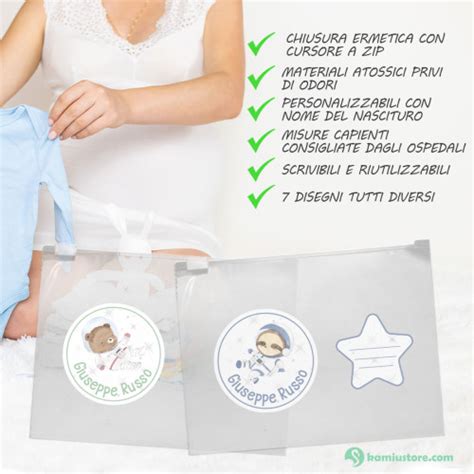 Buste trasparenti etichettate per il corredino ospedaliero
