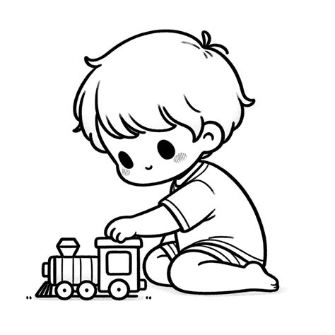 illustrazione artistica di un bambino che guida un trenino giocattolo in un giardino soleggiato
