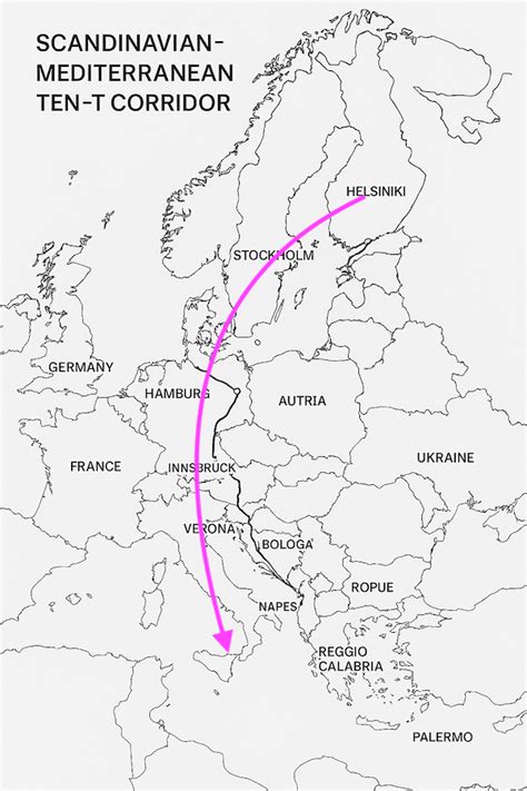 Rappresentazione grafica del corridoio Scandinavo-Mediterraneo della rete TEN-T