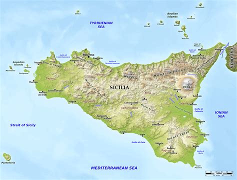 Mappa morfologica della Sicilia con i principali rilievi e le contrade storiche