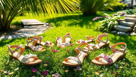 Dettaglio di sandali con decorazioni floreali in stile estivo