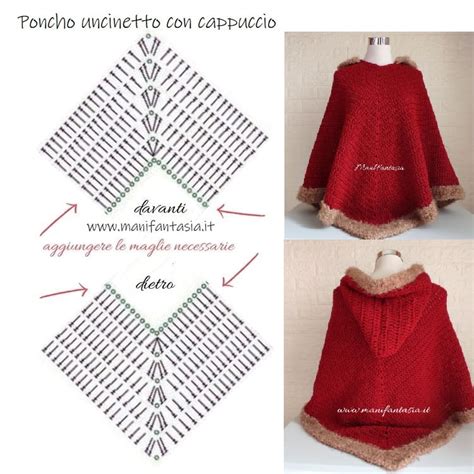 Modello di poncho a maglia con lavorazione raglan indossato su una modella
