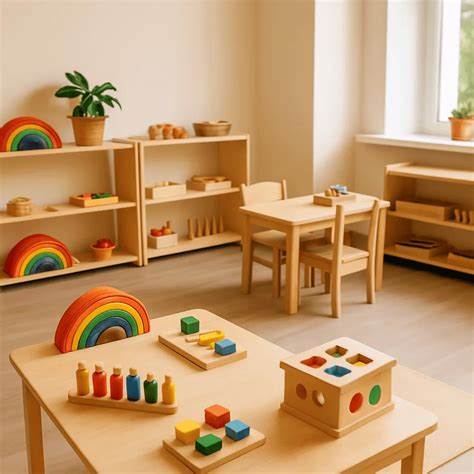 Un’aula colorata e accogliente di un Kindergarten tipico, con materiali Montessori e legno naturale