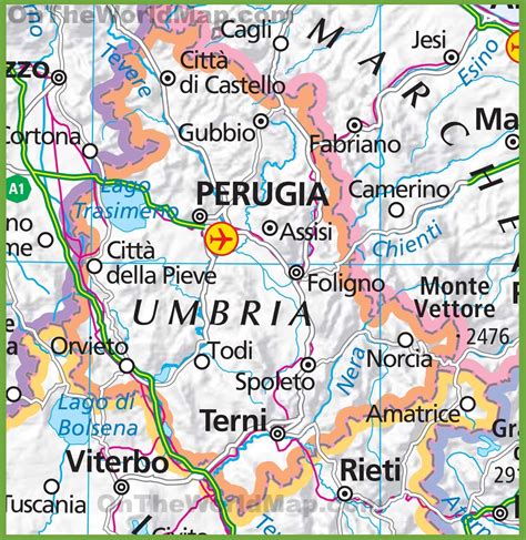 Mappa dell'Umbria con Perugia e Bastia Umbra evidenziate