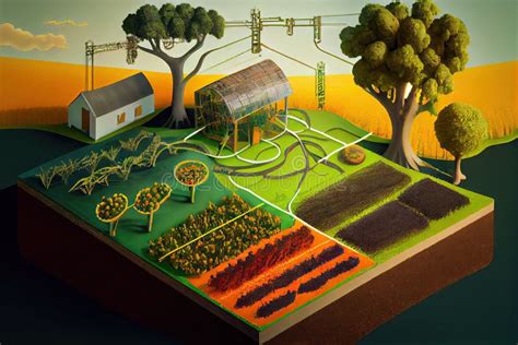 Illustrazione di un campo coltivato rigoglioso con diverse colture in varie fasi di crescita