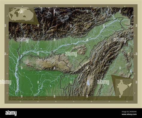 Mappa della regione dell'Assam in India e delle piantagioni di tè lungo il fiume Brahmaputra