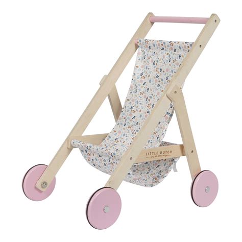 passeggino per bambole in legno con decorazioni floreali