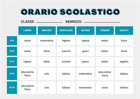 Orario scolastico giornaliero con icone di attività