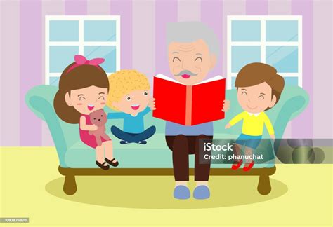 Un nonno che legge una storia a due nipoti