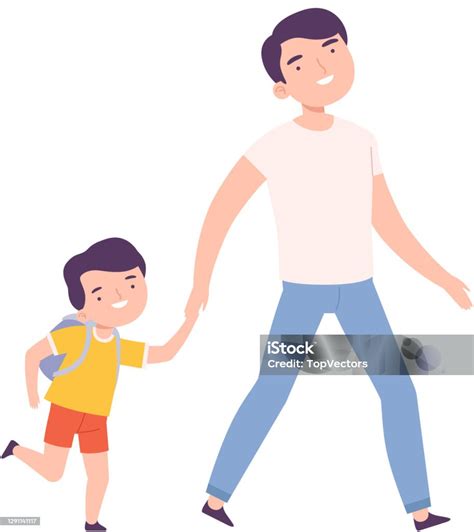 Illustrazione di un genitore e un bambino che esplorano un asilo nido mano nella mano, con un educatore sorridente che osserva a distanza.