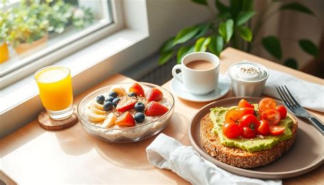 Tavola imbandita per una colazione sana con pancake, frutta e bevande vegetali