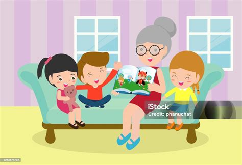Rappresentazione artistica di una nonna che racconta storie ai nipoti