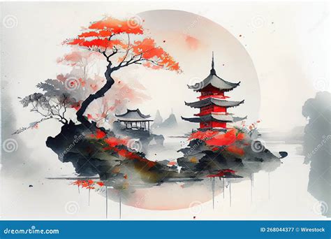 Illustrazione di un paesaggio giapponese con elementi naturali