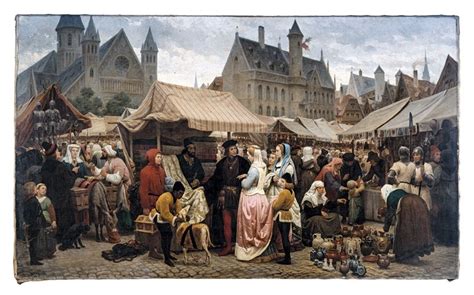 illustrazione d'epoca che mostra una fiera di paese con venditori ambulanti di olio e un suonatore di piva