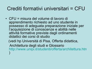 Diagramma della struttura dei corsi formativi e crediti CFU