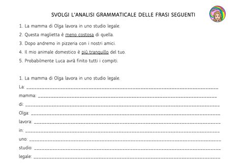 esempio di scheda didattica con esercizi di analisi logica e grammaticale
