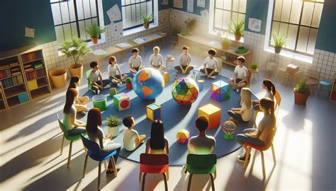 Interno di un'aula luminosa predisposta con materiali didattici per l'apprendimento creativo