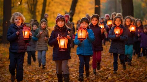 Bambini che sfilano con lanterne luminose durante una festa di San Martino
