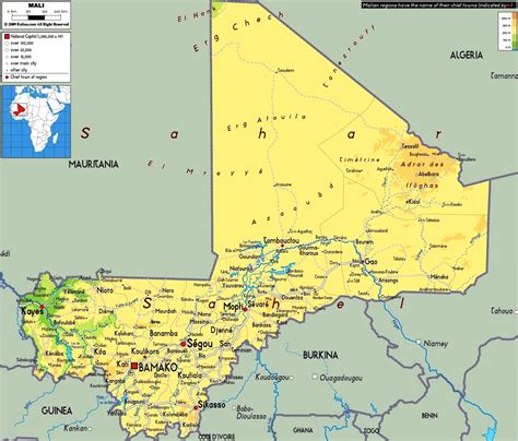 Mappa del territorio del Mali con indicatori di densità demografica