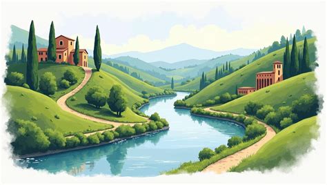 rappresentazione stilizzata di un paesaggio collinare italiano con una casa distrutta e simboli di scavo archeologico