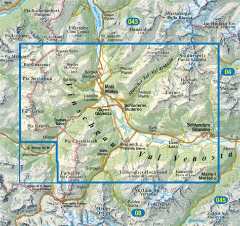 Mappa della Val Venosta con evidenziate le località di Malles e Laudes