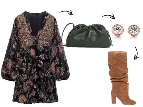 Dettaglio di un outfit boho con mini abito in pizzo e stivali bordeaux