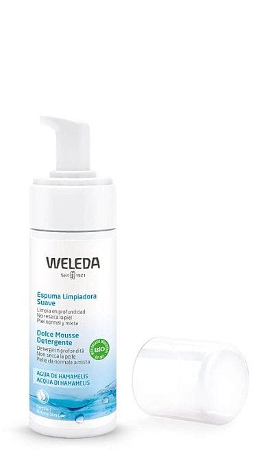 Schema degli ingredienti principali della mousse detergente Weleda con simboli