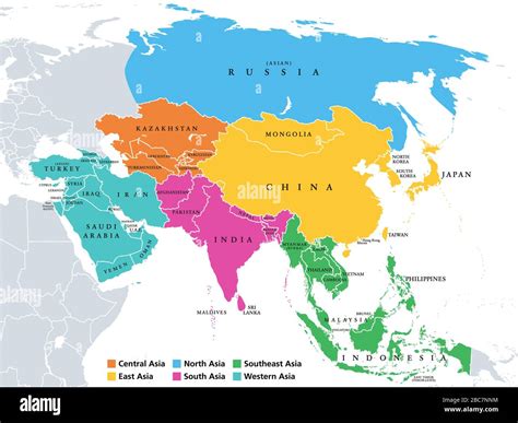 Mappa dell'Asia con evidenziate le diverse regioni (Est, Sud-Est, Sud)