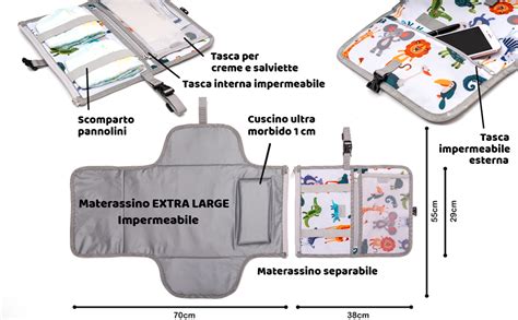 illustrazione di un fasciatoio portatile Ludazon con le sue caratteristiche evidenziate