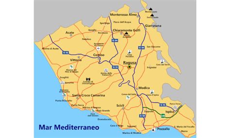 Mappa della Sicilia con evidenziata la provincia di Ragusa e Comiso