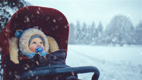 Baby bundled in a winter suit in a stroller