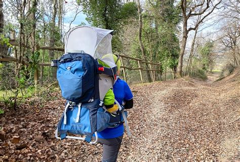 Bambino felice in zaino porta bebè durante un'escursione