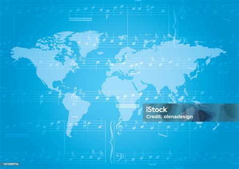 Mappa del mondo con note musicali sparse