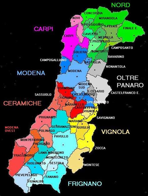 Mappa della provincia di Modena con evidenziati Carpi e Modena