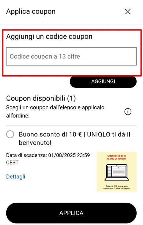Interfaccia grafica che mostra come inserire il codice coupon nel carrello virtuale