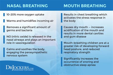 Diagram illustrating nasal vs. oral breathing pathways and their effects.
