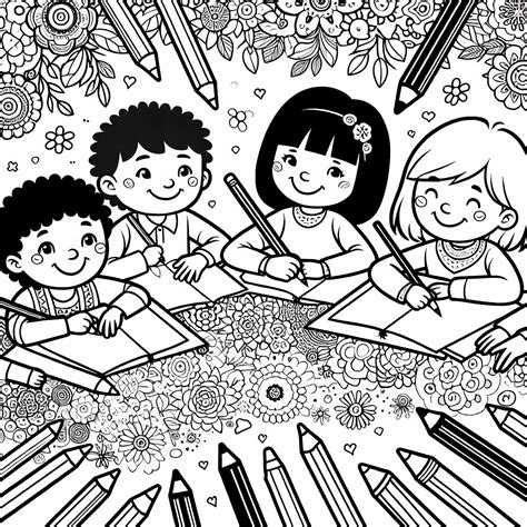 Bambini che colorano con matite colorate e pennarelli