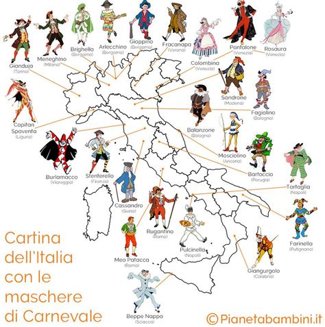 Maschere tradizionali di Carnevale italiano da colorare