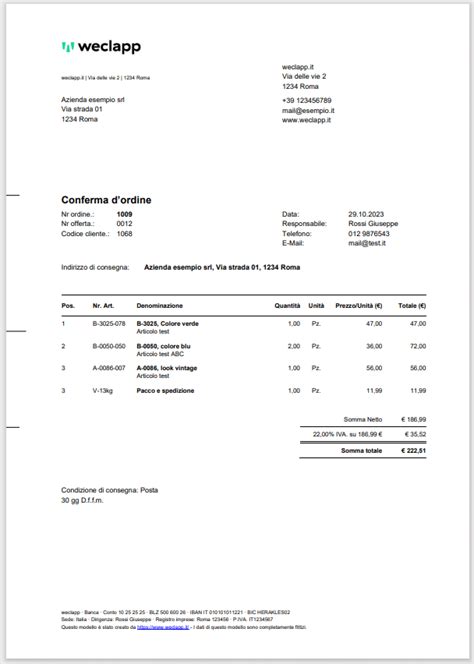 Screenshot di una pagina di conferma ordine online