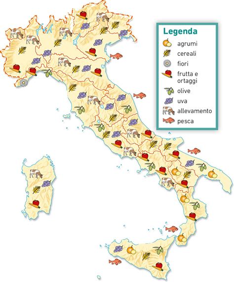 cartina geografica illustrata con cartellini colorati che indicano sinonimi regionali di frutti