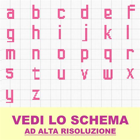 Vari tipi di font a punto croce, inclusi corsivo e stampatello