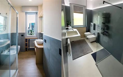 Schema di suddivisione di un bagno lungo e stretto in due bagni più piccoli.