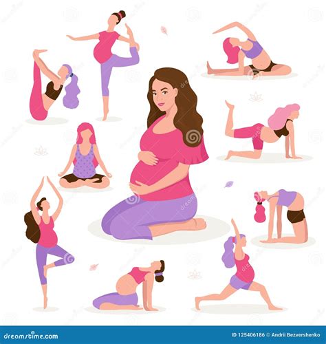 Illustrazione di una donna incinta che fa yoga e mangia alimenti sani
