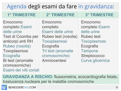 infografica sui principali esami di screening previsti durante i trimestri di gravidanza